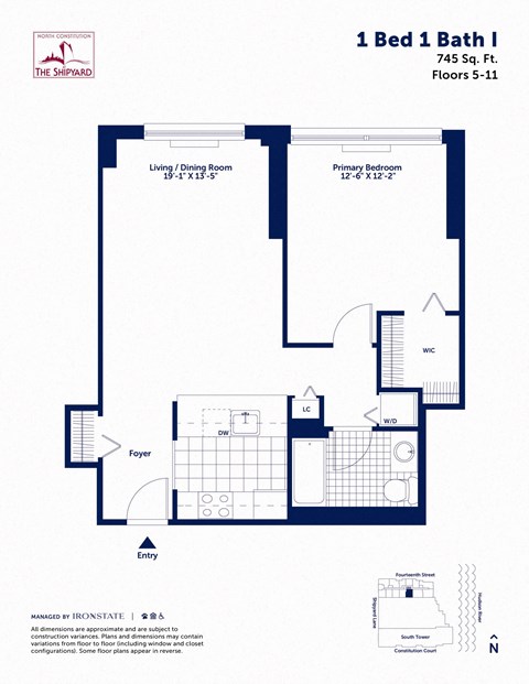 Floor plan for 1 bed, 1 bath, 745 sqft